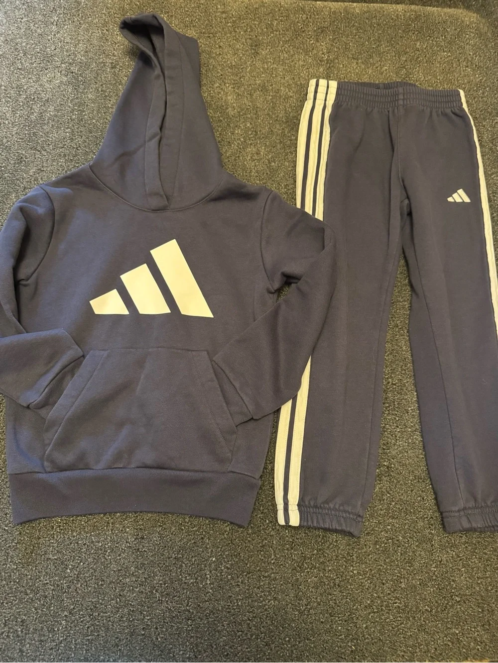 adidas Unisex Kids Navy Blue 2pc Fleece Tracksuit Hoodie Joggers Set Size Size 6